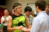 Jeremy Isbell, junior music major, talks with Caleb Thompson, freshman biblical studies major, during the LifeGroup presentations in the Fred DeLay Gymnasium.  - Photo by Deanna Santangelo