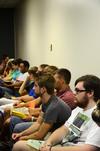 Kurtis Gallop, freshman spanish major, along with other new freshmen, attend sessions about academic services during Freshmen Focus. - Photo by Zac Calvert