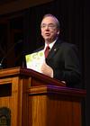 David Dockery, president of the university, speaks on the opportunities available through GO mission trips during chapel. - Photo by Jacob Moore
