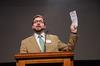 Taylor Worley, associate dean for spiritual life, talks about the importance of GO week during chapel and introduces Andy Pettigrew, International Mission Board missionary in Botswana, who speaks about missions and worship. - Photo by Zac Calvert