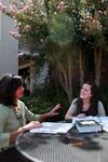 Virginia Walker and Rachel Ware, director of discipleship, chat outside of Barefoots Joe.  - Photo by Kristi McMurry