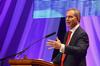 Tony Blair, former British prime minister, speaks at the 14th annual Scholarship Banquet held at the Carl Perkins Civic Center.  - Photo by Jacob Moore