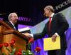 David S. Dockery, president of the university, thanks keynote speaker, Tony Blair, former British Prime Minister for speaking at the 14th annual Scholarship Banquet.  - Photo by Ebbie Davis