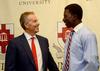 Keynote speaker Tony Blair, former British Prime Minister, greets Union freshman Bangali Sillah while discussing common interests about his home in Sierra Leone. - Photo by Ebbie Davis
