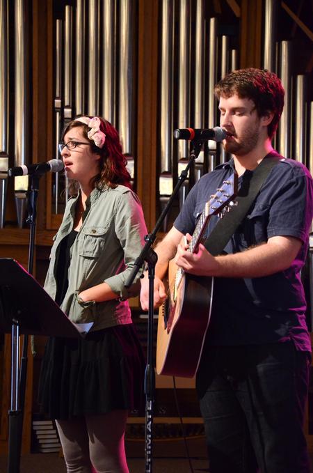 Students lead music at the beginning of chapel.