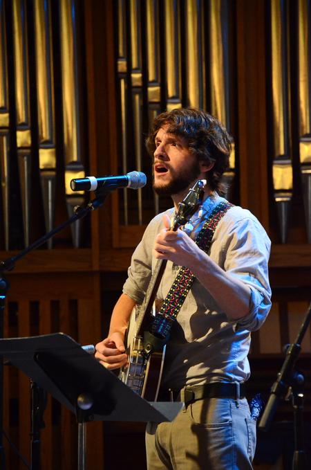 John Griffith, sophomore English major, plays the banjo and sings before Poly Rouse, senior pastor of Hermitage Hills Baptist Church, gives the message in chapel.