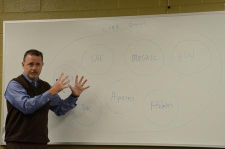 Todd Brady, special assistant to the president for university relations, talks about the start of Life Groups during a Life Group leader event in the Bowld Student Commons. 