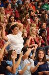 Bridget Roney, senior sports management major, cheers during a timeout of the Bulldog Basketball homecoming game against Belhaven. The Bulldogs won the game 87-66. - Photo by Zac Calvert