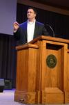 Grant Gaines, pastor of Calvary Baptist Church, speaks in chapel about contentment.  - Photo by Anne Richoux