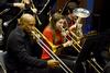 Guest performers James Henning and Judith Bartholomew play trombone during the Fall 2011 Jazz Band Concert. - Photo by Jacob Moore