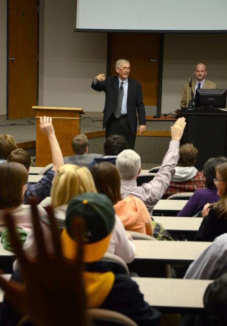 Larry Cox, former vice president with the Southern Baptist Convention’s International Mission Board, speaks on Islam and the results of the Arab Spring during an event held in Harvey Hall. 