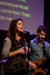 Bethany Gaines, freshman elementary education major, helps lead music in chapel prior to a message from Tony Merida, pastor of Imago Dei Church in Raleigh, N.C.  - Photo by Anne Richoux
