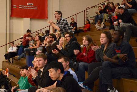 Students and faculty celebrate a goal during the game against Cumberland University on Union Nation Spirit Night. 