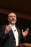 Peter Leithart, senior fellow of theology at New Saint Andrews College, speaks to Union students and employees about how the Lord's Supper is a model of how we should live in our everyday lives. - Photo by Zac Calvert