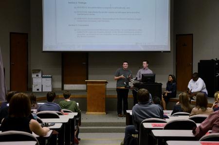Wil Story, junior psychology major, talks about a proposed bill during Student Senate meeting.