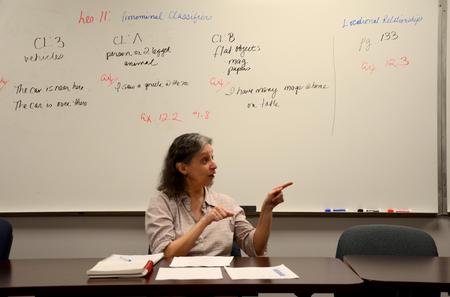 Irene Schock, adjunct ASL instructor, signs to her American Sign Language students during class.