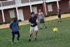 Stephen Luyakoh, freshman biology major, and Michael Cochran, freshman physics major, run after the ball during a game of soccer in the Ayers quad. - Photo by Jacob Moore