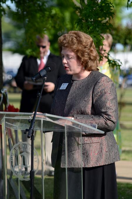 4/12/12 - Anna Beth Morgan, associate professor of library services, gives a dedicatory reading during the groundbreaking ceremony for the new library.