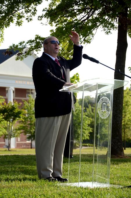 4/12/12 - Ricky Clark, Union alumnus and minister of music and worship, leads guests in 'Great is Thy Faithfulness' during the groundbreaking ceremony for the new library.