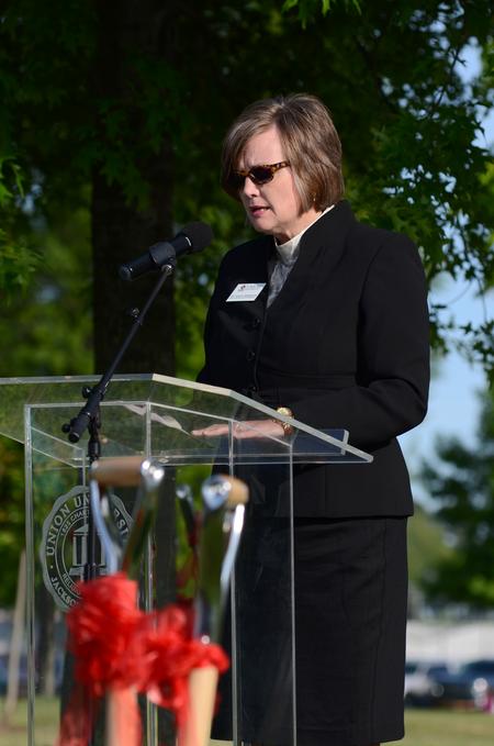 4/12/12 - Carla Sanderson, provost and executive vice president, gives a prayer of dedication during the groundbreaking ceremony.
