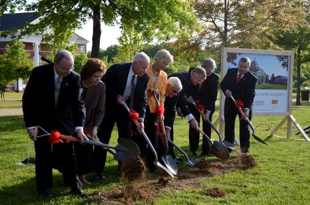4/12/12 - David S. Dockery, president of the university; Anna Beth Morgan, director of the library; Jim Campbell, president and COO of TLM Architects/Engineers; Carol and Bill Latimer, major donors for the project; Rod Parker, chairman of the Board of Trustees; Harry Smith, past chairman of the Board of Trustees; and Frank Wagster, principal architect of H&M Construction, break ground for the new library.