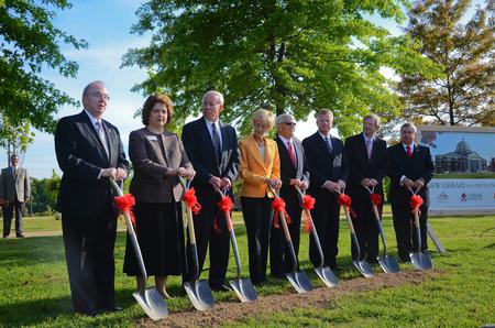 4/12/12 - The groundbreaking ceremony for the new library takes place on a beautiful spring day. Pictured is David S. Dockery, president of the university; Anna Beth Morgan, director of the library; Jim Campbell, president and COO of TLM Architects/Engineers; Carol and Bill Latimer, major donors for the project; Rod Parker, chairman of the Board of Trustees; Harry Smith, past chairman of the Board of Trustees; and Frank Wagster, principal architect of H&M Construction.