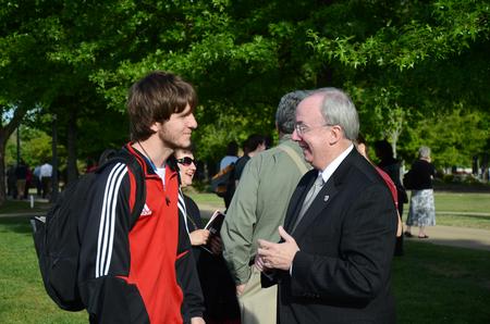 4/12/12 - David Clark, sophomore mathematics major, talks with David S. Dockery, president of the university, after the groundbreaking ceremony for the new library.