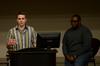 Caleb Valentine, freshman biblical studies and languages major, gives a campaign speech during a Student Senate meeting. - Photo by Anne Richoux