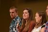 Rachel Clardy, sophomore business administration major (center), Trey Weise, junior philosophy major, and Kristen Miller, sophomore business administration major, speak to perspective students in the Carl Grant Events Center about different aspects of campus life and activities.  - Photo by Zac Calvert