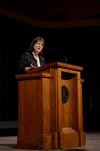 Mary Ann Poe, professor of social work and BSW program director, speaks on Matthew 4:18-25 in chapel.  - Photo by Anne Richoux