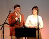 Joey Davis, junior business administration major, and Abigail Ebensberger, senior Christian studies major, host the freshman Open Mic night during Focus Weekend. - Photo by Ebbie Davis