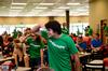Taylor Hare, junior English major, along with his fellow LifeGroup leaders, participates in a flash mob in the Brewer Dining Hall during new student orientation. - Photo by Ebbie Davis