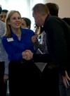 Kimberly Thornbury, vice president for student services, greets Vance Pitman, senior pastor of Hope Church in Las Vegas, Nevada, prior to him speaking in chapel.   - Photo by Ebbie Davis