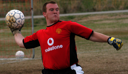 SAE Jacob O'Brien tends the goal during an intramural soccer game.