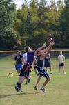 Noah Hunt, sophomore physical education major, and Jesse Dahms, freshman undecided major, battle for the football at an intramural game during Family Weekend. - Photo by Zac Calvert