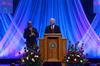 Robert M. Gates, former secretary of defense, addresses the audience's questions after speaking at the 15th Annual Scholarship Banquet held at the Carl Perkins Civic Center.  - Photo by Ebbie Davis