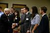10/4/12 - Former Secretary of Defense Robert M. Gates shakes hands with Wil Story, senior psychology major, during a reception before the 15th Annual Scholarship Banquet.  - Anne Richoux