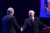 Robert M. Gates, former U.S. secretary of defense, shakes hands with President David S. Dockery after speaking at the 15th Annual Scholarship Banquet. - Photo by Jacob Moore