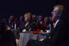 Lanese Dockery, first lady of the university, listens to Robert M. Gates answer questions from the audience during the 15th Annual Scholarship Banquet.  - Photo by Jacob Moore