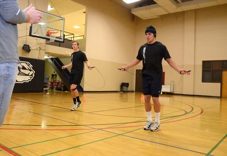 Heath Thompson (right), senior sports medicine major, jumps rope during the Union's Most Fit competition next to Jake Ryan, senior business administration major.