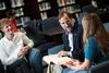 Hal Poe, Charles Colson professor of faith & culture, chats with students in the Ryan Center library. - Photo by Kristi McMurry
