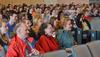 Faculty and students erupt in laughter during Ben and Lynley Mandrell's chapel presentation during the Crabtree Family Life Chapel. - Photo by Morris Abernathy