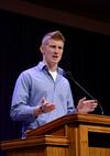Christian Winter, freshman sports management major, talks during chapel about his experience on the Memphis GO Trip. - Photo by Jacob Moore
