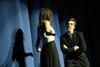 Anna Beard, junior advertising major, is shocked by the zombie makeup that her co-host, Peter Riggs, junior Christian studies, is wearing on stage at the 16h annual Variety Show at the Carl Perkins Civic Center. - Photo by Matt McDaniel