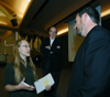 09/9/04 - James Emery White, pastor of Mecklenburg Community Church in Charlotte, N.C., speaks with a freshman after addressing the rest of her class. The freshmen had been reading Dr. White's book entitled <i>Serious Times: Making Your Life Matter in an Urgent Day</i>.
