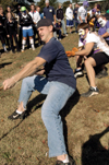 Senior Daniel Verbist, P.P.E major, heads the SAE rope pull team in the Greek Olympic competition, while freshman Stephen Ellis and senior Drew Day attempt to pull their own weight. - Photo by Kristen Hiller