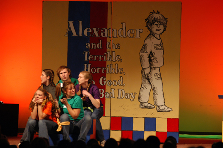 Catherine Schulz, Ben Lancaster, Katie Mathis, Julie Palmer, and Natalie Newberry in <i>Alexander and the Terrible, Horrible, No Good, Very Bad Day</i>.