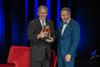 10/290/17 - Dub Oliver (right), president of the university, presents George W. Bush, 43rd president of the United States, with a bulldog sculpted by art student Song Kim at the conclusion of the 43rd annual Scholarship Banquet. 