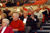 02/19/05 - President Dockery enjoys the Homecoming basketball games along with many other Bulldog boosters. Seated in front of Dr. Dockery is former president Hyran Barefoot.