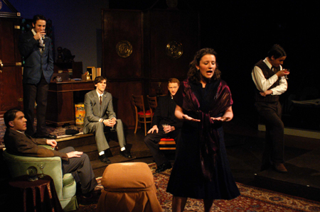 Senior Ashley Mitchell played the part of Joy Gresham in the theatre's production of <i>Shadowlands</i>. Also pictured are (left to right), Jeremy Parker, Kyle Rains, Josh Wilkinson, Jared New, and Nic Pfost.
